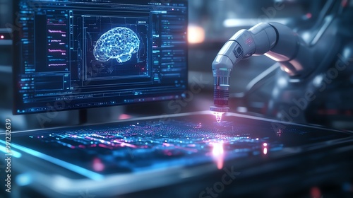 Futuristic robotic arm interacting with digital interface displaying brain data, symbolizing AI and advanced technology in medical research.