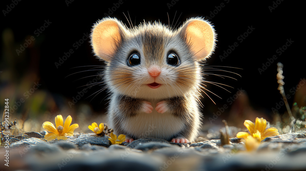 Obraz premium A cute little mouse with big eyes looks up at the camera.