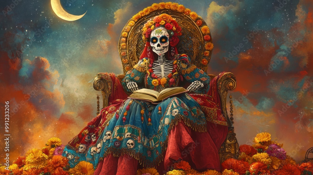 A skeleton in a vibrant dress sits on a throne, reading a book. A skeleton in a vibrant dress sits on a throne, reading a book.
