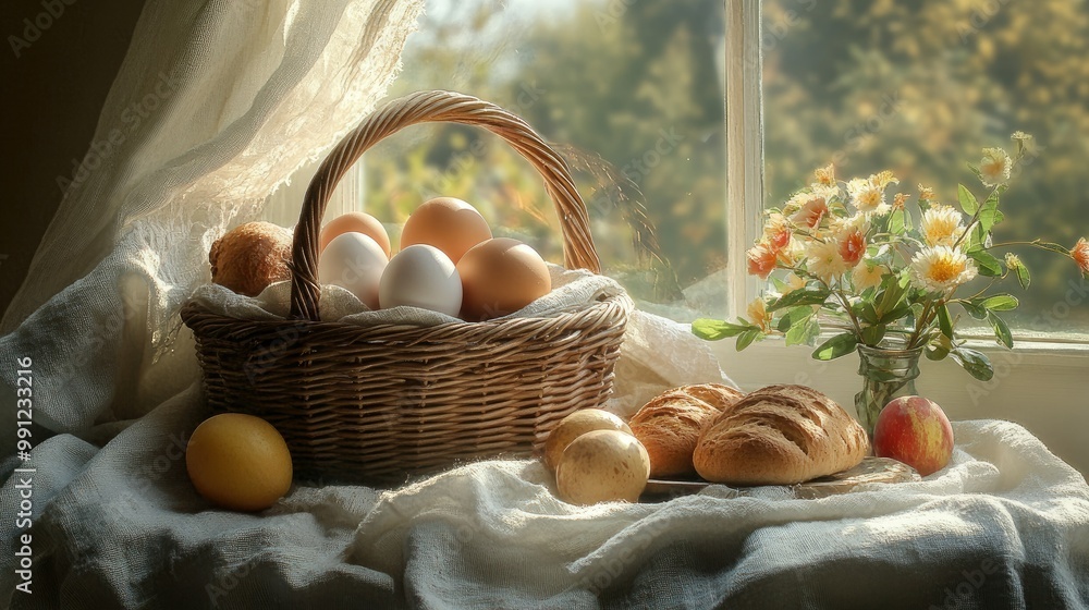 Tranquil Still Life with Basket of Fresh Foods Tranquil Still Life with Basket of Fresh Foods