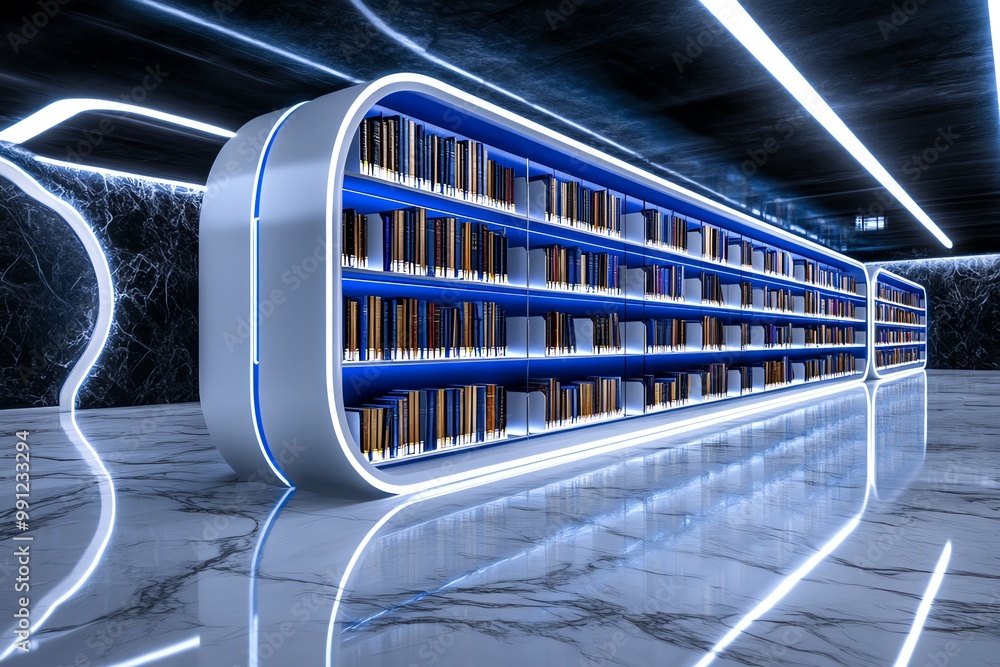 Fototapeta premium A 3D-rendered digital library, where virtual bookshelves stretch infinitely, filled with glowing, digital books that can be accessed by touch