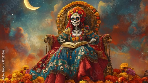 A skeleton in a vibrant dress sits on a throne, reading a book.