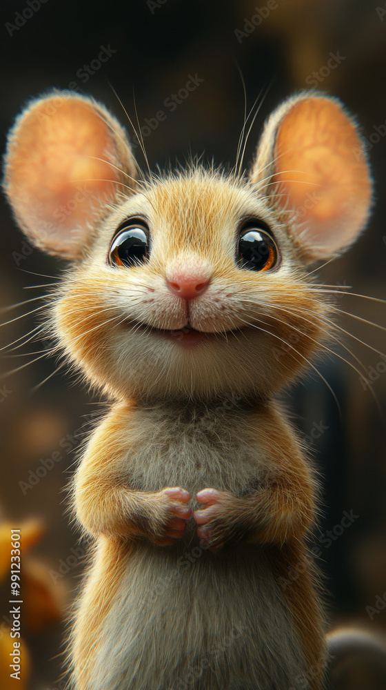 A cute little mouse with big, curious eyes looks up at the camera with a friendly smile. A cute little mouse with big, curious eyes looks up at the camera with a friendly smile.