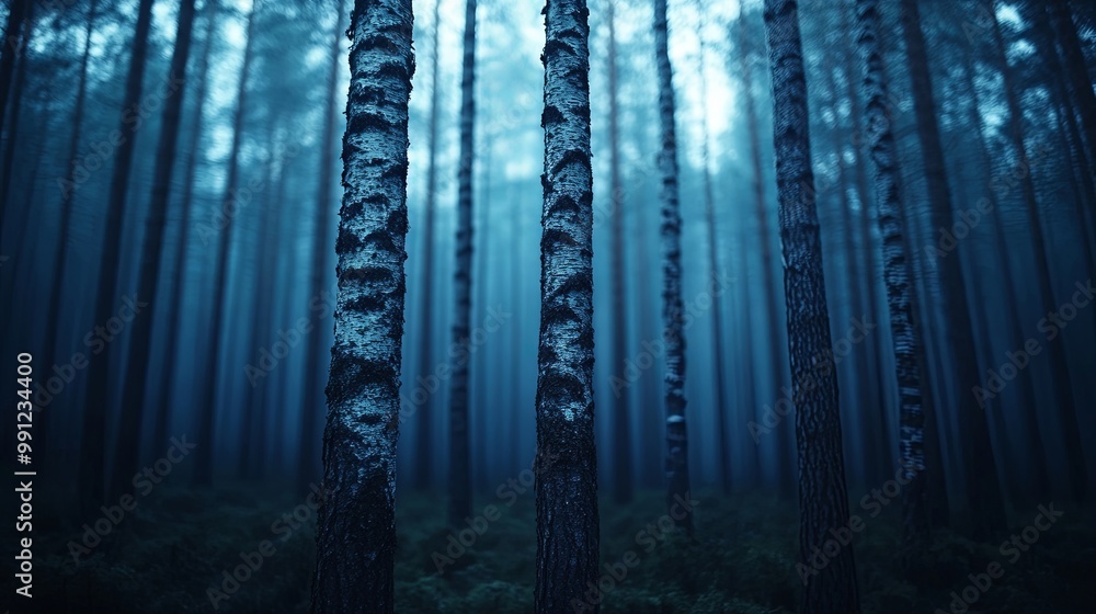Obraz premium A misty forest with tall trees reaching towards the sky, creating an eerie and mysterious atmosphere.