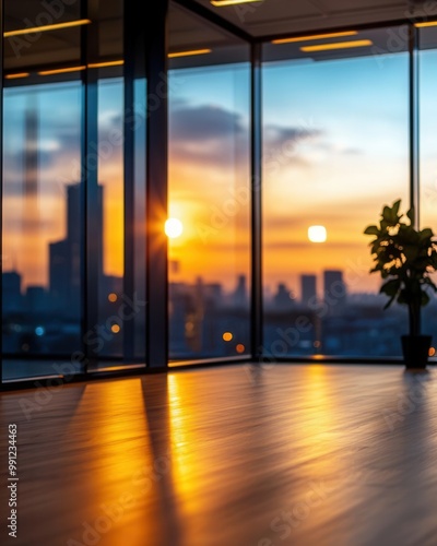 Beautifully blurred modern office interior with floortoceiling windows and soft ambient lighting The open photo