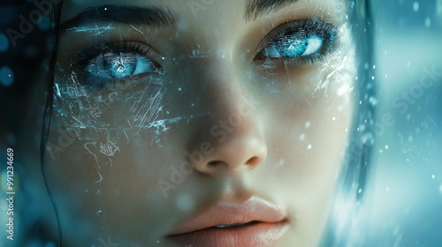 Close-up of a woman's face with icy blue eyes and a mystical aura.