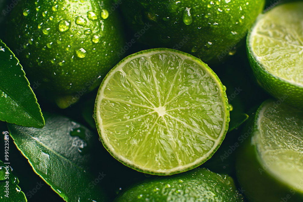 Close-up of fresh limes with dewdrops, featuring a sliced lime revealing its juicy texture and vibrant green color Close-up of fresh limes with dewdrops, featuring a sliced lime revealing its juicy texture and vibrant green color