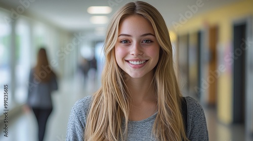 cheerful young woman with long blonde hair standing confidently in a bright university hallway smiling at the camera as she enjoys student life in a modern academic setting