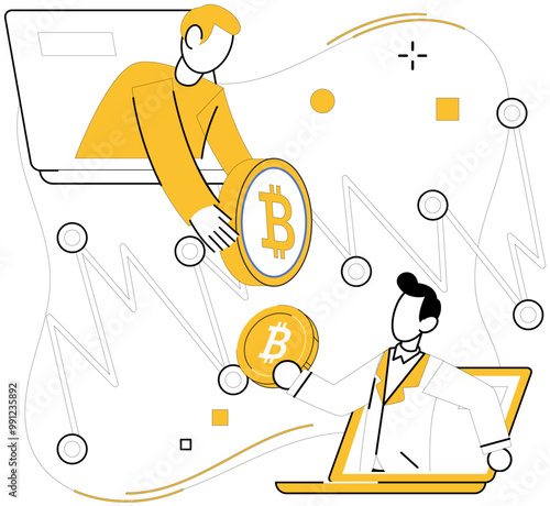 Bitcoin trading vector illustration. Bitcoin trading concept, compass, guides financial decisions in ever-shifting terrain cryptocurrency markets Stock market and exchange, arena, witnesses rise