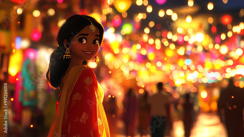 Indian anime girl in a beautiful anarkali dress, admiring the colours of a bustling festival photo