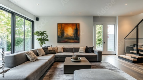 Modern living room with plush gray sectional, sleek furniture, minimalist decor, and large windows for natural light. A chic, welcoming ambiance.