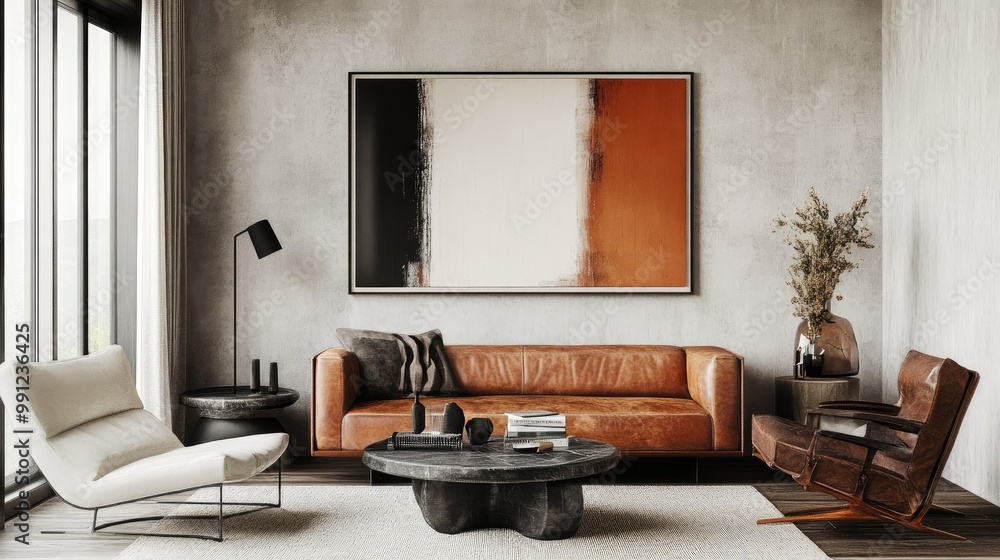 Modern living room with plush leather couch, bold statement art on the walls, and sleek, minimalist decor for a clean, luxurious feel. Modern living room with plush leather couch, bold statement art on the walls, and sleek, minimalist decor for a clean, luxurious feel.