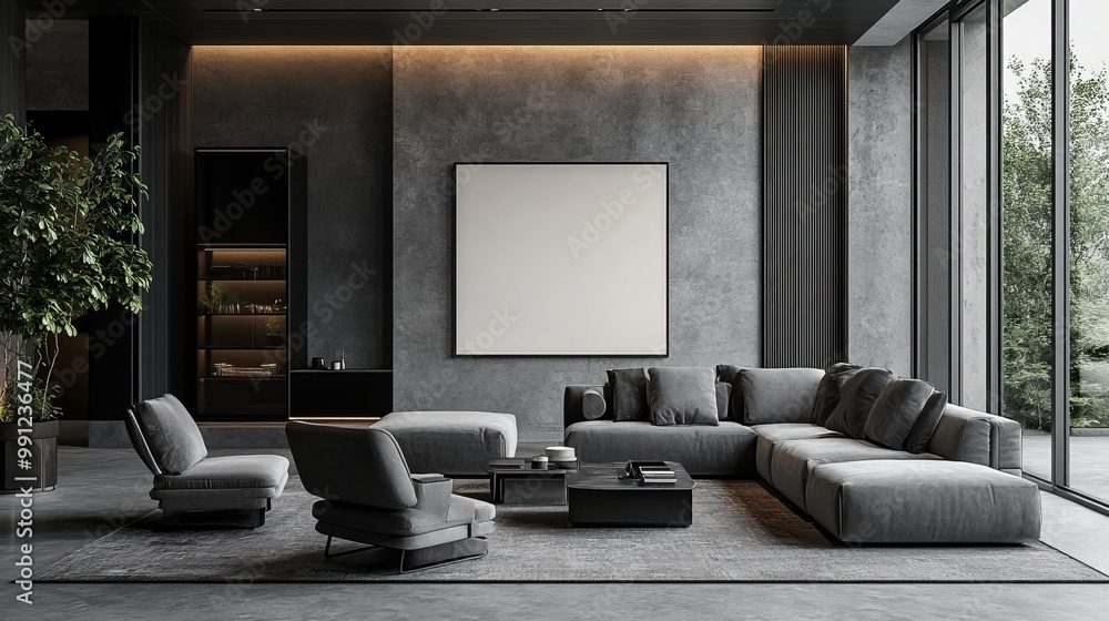 Fototapeta premium Modern living room with minimalist design and large windows.