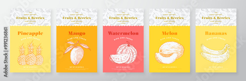 Fruits and Berries Pattern Label Templates Set. Vector Packaging Design Layout Collection Modern Typography Banner with Hand Drawn Mango, Bananas, Melon, Pineapple Sketches Background Isolated