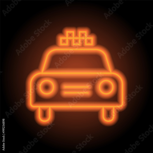 Taxi, cab simple icon vector. Flat design. Orange neon on black background