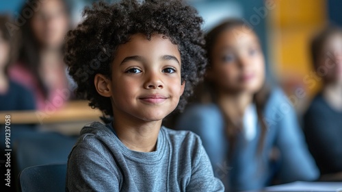 school classroom with a young boy sitting in front of a woman teacher during a lesson students are listening and studying as the teacher explains academic concepts in a formal teaching environment