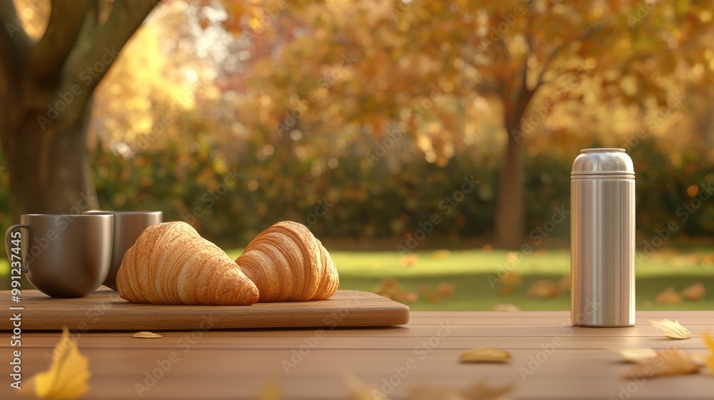 Two cups of coffee and croissants rest on a wooden railing overlooking a vibrant autumn forest, creating a warm and inviting atmosphere perfect for relaxation Two cups of coffee and croissants rest on a wooden railing overlooking a vibrant autumn forest, creating a warm and inviting atmosphere perfect for relaxation