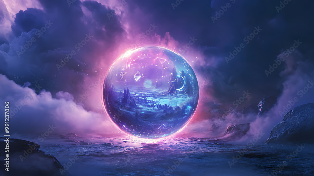 A glowing crystal ball surrounded by mist, with faint images of distant landscapes and symbols inside A glowing crystal ball surrounded by mist, with faint images of distant landscapes and symbols inside