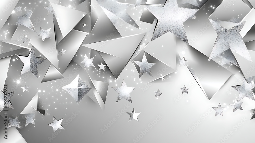Obraz premium Modern geometric Christmas background with silver triangles and stars on a black background
