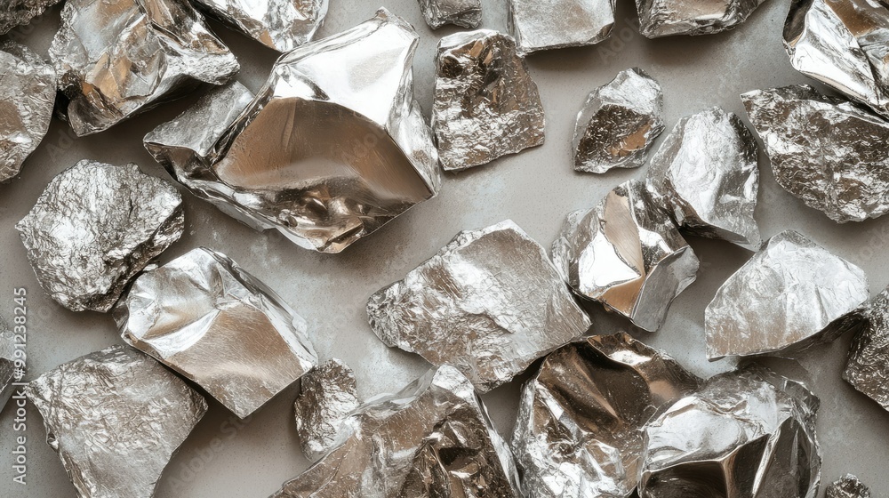 Raw silver nuggets and shards, scattered across a neutral background, highlighting their metallic sheen. Raw silver nuggets and shards, scattered across a neutral background, highlighting their metallic sheen.