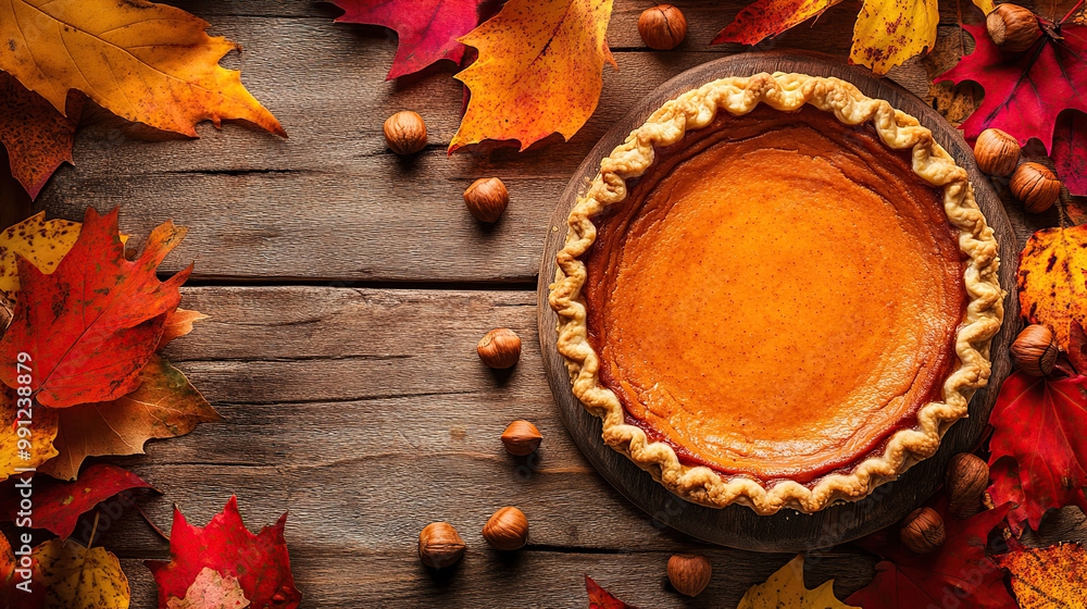Autumn Pumpkin Pie on Wooden Table Autumn Pumpkin Pie on Wooden Table