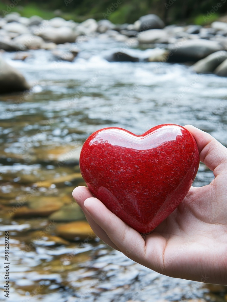 Fototapeta premium A hand holding a heart in a river