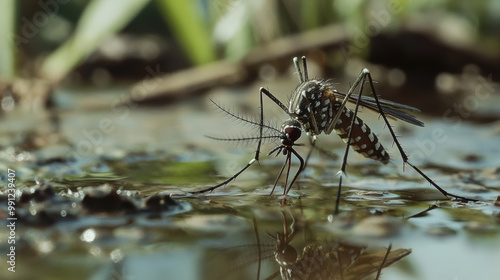 Aedes mosquitoes breed in stagnant water sources, showcasing their intricate patterns and delicate features. This close up captures their habitat and behavior beautifully
