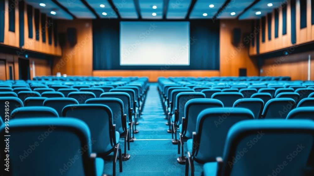 Fototapeta premium Rows of blue chairs in an empty, brightly lit conference hall with a large projector screen at the front.
