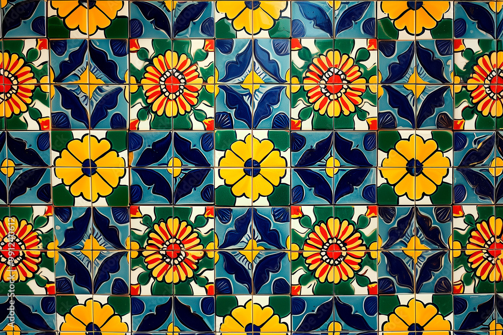 Mexican Talavera tile pattern, bursting with bold geometric shapes, floral motifs, and vibrant colors like cobalt blue, yellow, and green, arranged in a symmetrical, repeating design
Mexican Talavera tile pattern, bursting with bold geometric shapes, floral motifs, and vibrant colors like cobalt blue, yellow, and green, arranged in a symmetrical, repeating design
