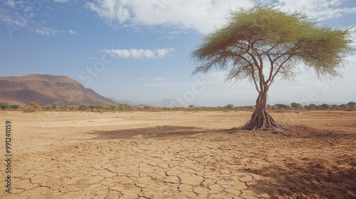 solitary tree stands resilient in dry, cracked landscape, highlighting effects of desertification in Africa. vast, arid terrain stretches under clear sky, evoking sense of isolation and environmental