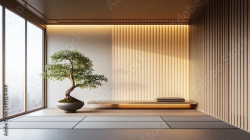 A minimalist Japanese interior with tatami flooring, sliding doors, and a bonsai tree by the window.