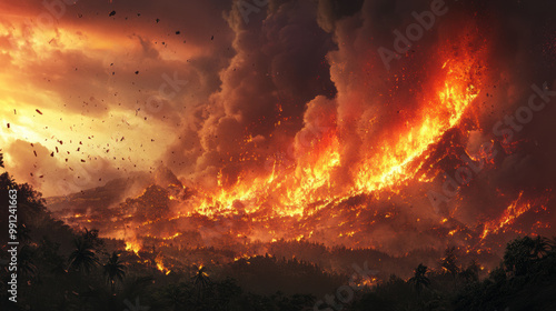 dramatic volcanic eruption showcases fiery lava flows and billowing smoke against darkening sky, creating breathtaking yet terrifying scene of natures power