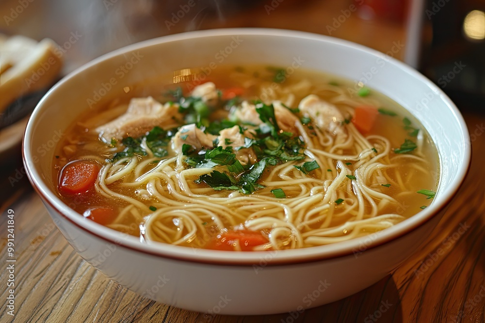 Chicken noodle soup in a bowl. Perfect for websites about food, cooking, or restaurants. Chicken noodle soup in a bowl. Perfect for websites about food, cooking, or restaurants.