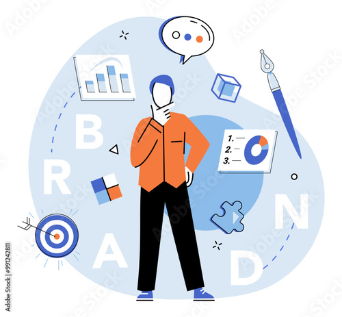 Brand building vector illustration. Brand building metaphor, symphony, harmonizes various elements to create captivating brand melody Promotion, spotlight, illuminates ongoing construction brand