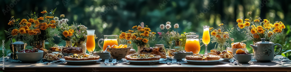 A vibrant outdoor brunch setting with a variety of fruits and pastries, perfect for summer celebrations and family gatherings. A vibrant outdoor brunch setting with a variety of fruits and pastries, perfect for summer celebrations and family gatherings.