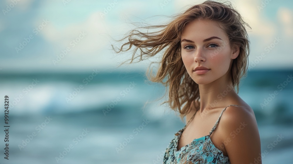 A young woman with flowing hair stands at the beach, feeling the refreshing ocean breeze on a sunny day. The background features gentle waves and a serene sky, creating a peaceful atmosphere. A young woman with flowing hair stands at the beach, feeling the refreshing ocean breeze on a sunny day. The background features gentle waves and a serene sky, creating a peaceful atmosphere.