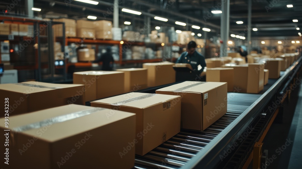 A busy postal facility with dozens of cardboard boxes moving along a conveyor belt. Workers in uniform are sorting the packages by size and destination, with barcode scanners in hand. The scene is ind A busy postal facility with dozens of cardboard boxes moving along a conveyor belt. Workers in uniform are sorting the packages by size and destination, with barcode scanners in hand. The scene is ind