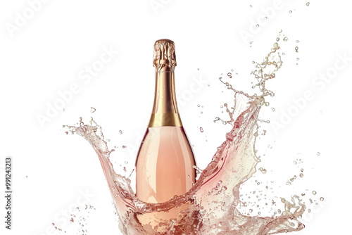 A bottle of pink champagne with sparkling wine waves splashes isolated on transparent background.