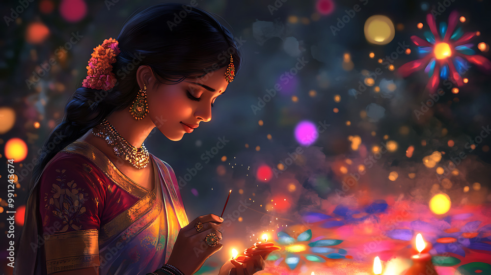Indian anime girl in a beautiful anarkali dress, admiring the colours of a bustling festival Indian anime girl in a beautiful anarkali dress, admiring the colours of a bustling festival