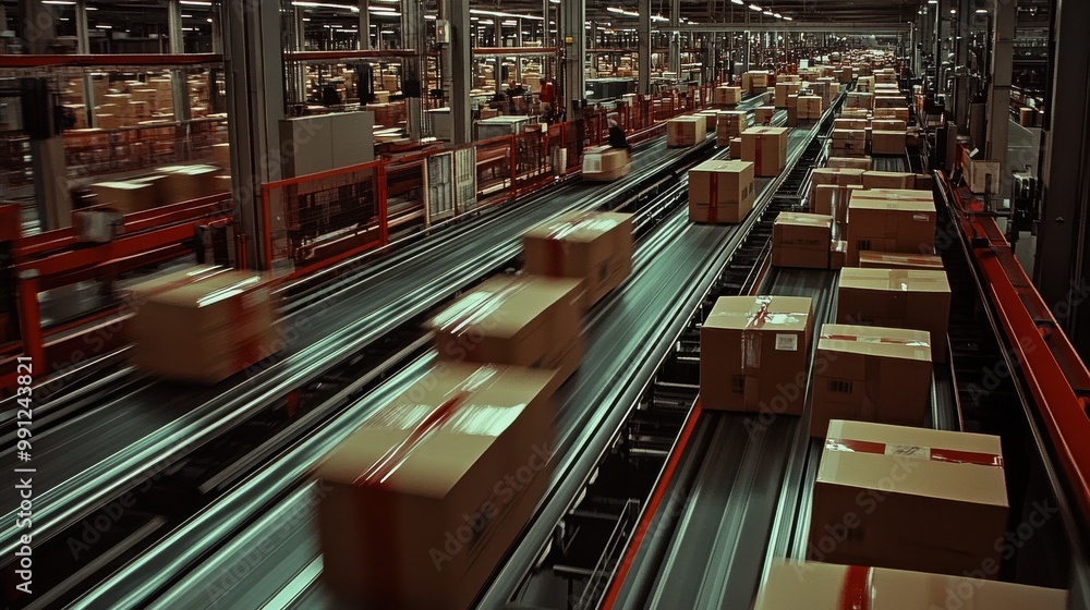 Fototapeta premium A busy postal facility with dozens of cardboard boxes moving along a conveyor belt. Workers in uniform are sorting the packages by size and destination, with barcode scanners in hand. The scene is ind