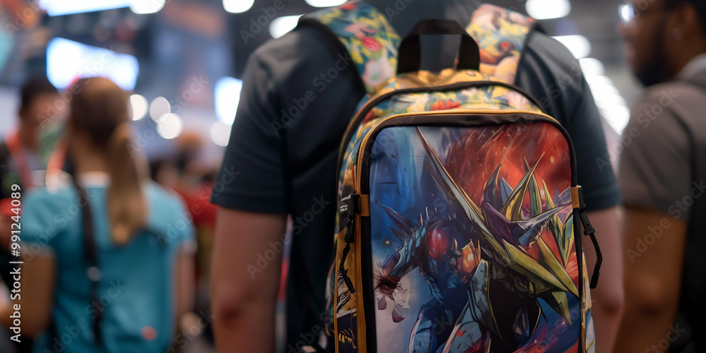 Obraz premium A person wearing a colorful backpack featuring a vibrant graphic design of a superhero or anime character.