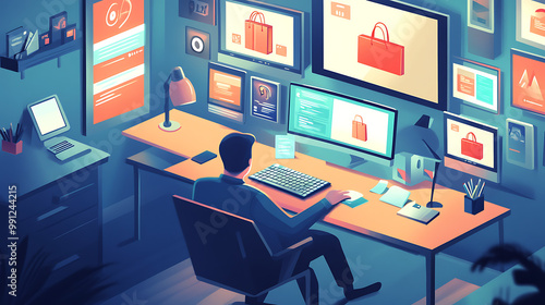 Illustration of a busy home office setup with multiple screens showcasing Cyber Monday deals and shopping activities