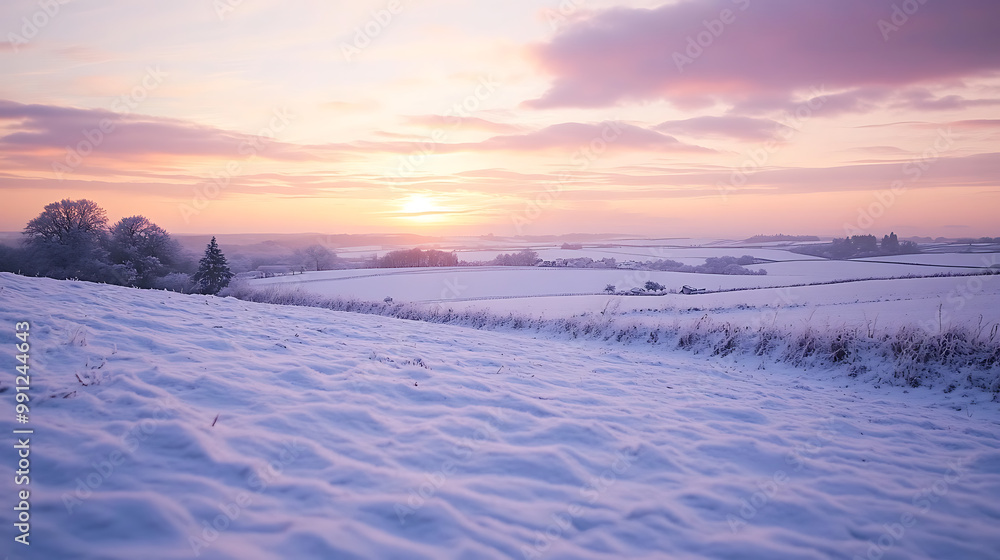 Winter sunset over snow-covered fields, with soft, pastel colours painting the sky Winter sunset over snow-covered fields, with soft, pastel colours painting the sky