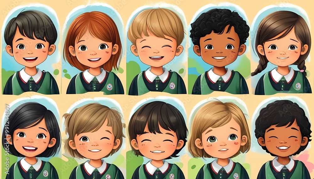 adorable kindergarten children dressed in school uniforms. Their bright smiles and playful energy radiate joy and innocence, capturing a sense of happiness and positivity. adorable kindergarten children dressed in school uniforms. Their bright smiles and playful energy radiate joy and innocence, capturing a sense of happiness and positivity.