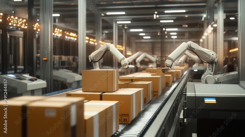 A busy postal facility with dozens of cardboard boxes moving along a conveyor belt. Workers in uniform are sorting the packages by size and destination, with barcode scanners in hand. The scene is ind