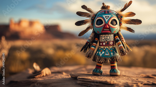 Native american kachina doll standing in monument valley at sunset photo