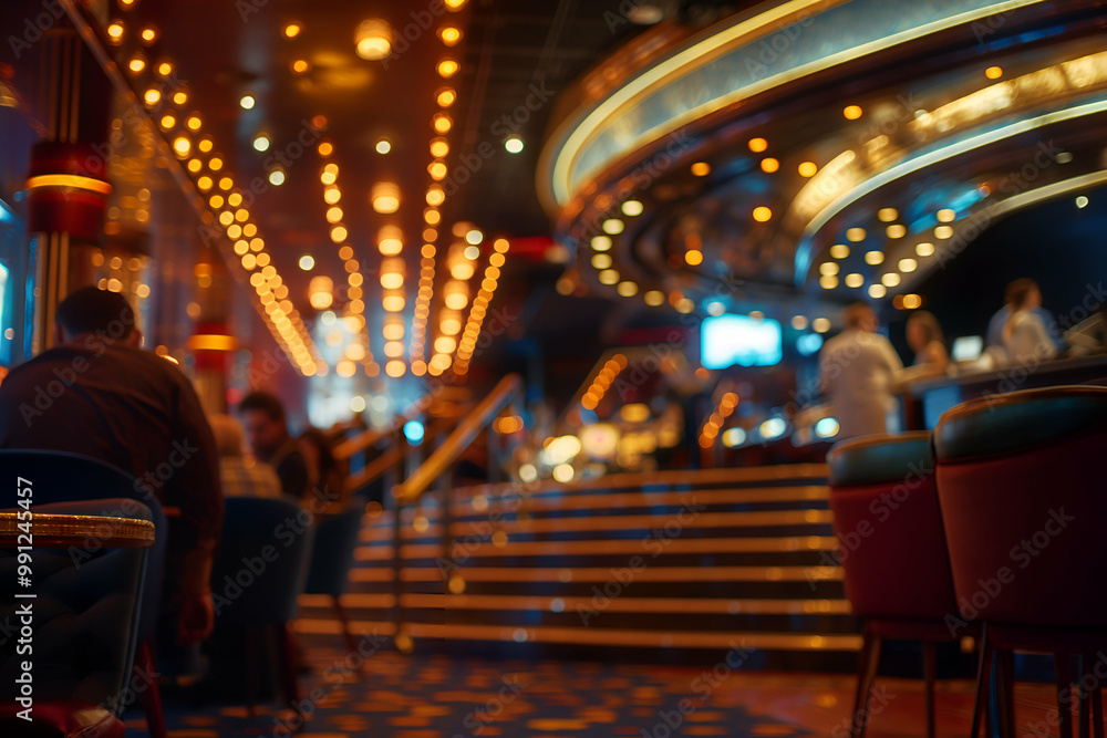 A vibrant casino interior featuring blurred lights and a lively atmosphere. The scene includes people seated at tables, with a staircase leading to a bar area illuminated by bright, colorful lights. A vibrant casino interior featuring blurred lights and a lively atmosphere. The scene includes people seated at tables, with a staircase leading to a bar area illuminated by bright, colorful lights.