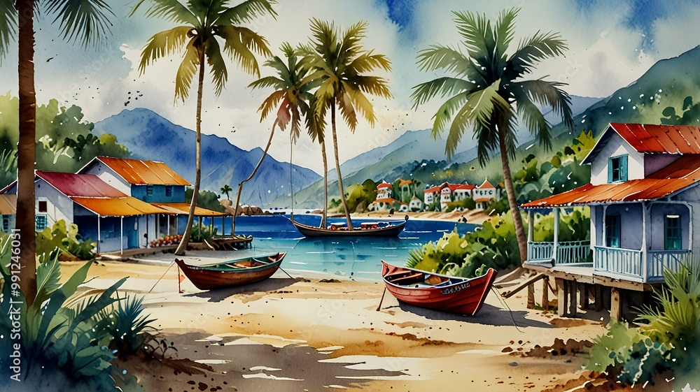 Fototapeta premium Tropical Seaside Village, Vibrant Watercolor Landscape.