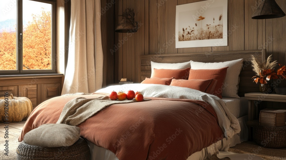 Stylish room with a large bed, autumn apples on a rustic table, and a cozy, seasonal ambiance with warm fall tones. Stylish room with a large bed, autumn apples on a rustic table, and a cozy, seasonal ambiance with warm fall tones.