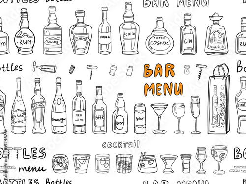 Seamless pattern of alcoholic bottles and glasses in doodle style. Alcohol cocktail drinks, champagne, beer, martini, wine, rum, tequila, cognac, whiskey and other. Great for bar menu, banner